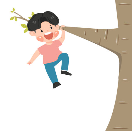 Kid boy on a tree branch cartoonのイラスト素材