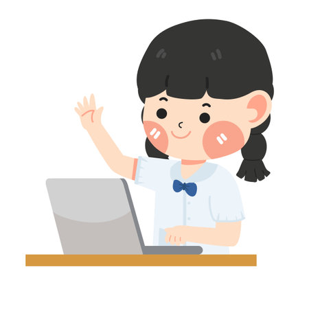 kid girl student work with laptop cartoonのイラスト素材
