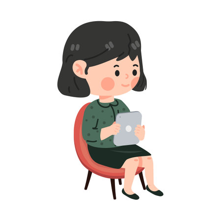 Kid girl using a digital tablet cartoonのイラスト素材