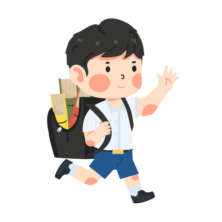 Boy with backpack running to school cartoonのイラスト素材