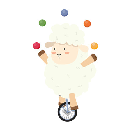 Cute sheep  riding unicycle cartoon vectorのイラスト素材