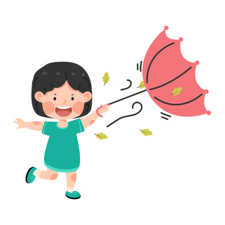 Kid girl hold upturned umbrella windのイラスト素材