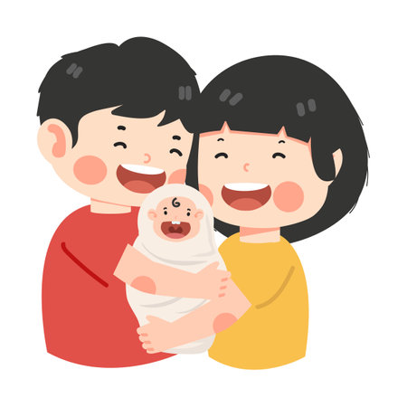 Happy happy mother and father  hugging a newborn baby cartoonのイラスト素材
