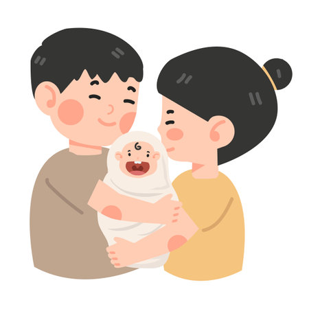 Happy young parents hugging a newborn baby cartoonのイラスト素材