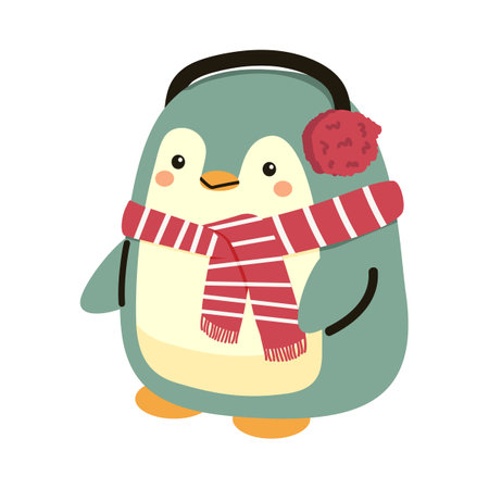 penguin with ear muffs cartoon flatのイラスト素材