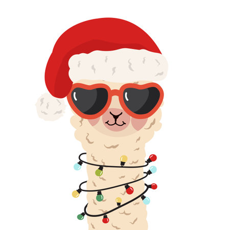 Alpaca lama with light bulb and santa hat flatのイラスト素材