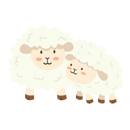 Cute white sheep and baby sheep flat cartoonのイラスト素材