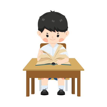 Kid boy students reading a book on table cartoonのイラスト素材