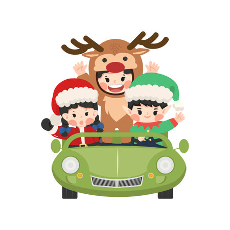 Santa Claus elf and reindeer with car cartoonのイラスト素材