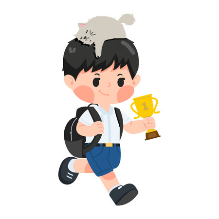 Kid boy student with trophy education concept vectorのイラスト素材