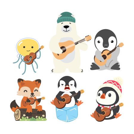 Happy Animal holding guitar cartoon setのイラスト素材