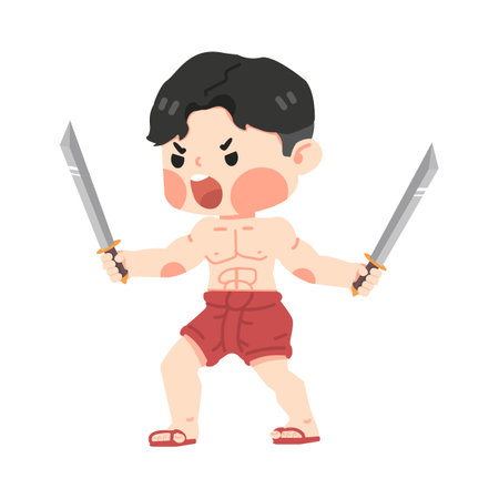 Thailand warrior man fighting with weapon cartoonのイラスト素材