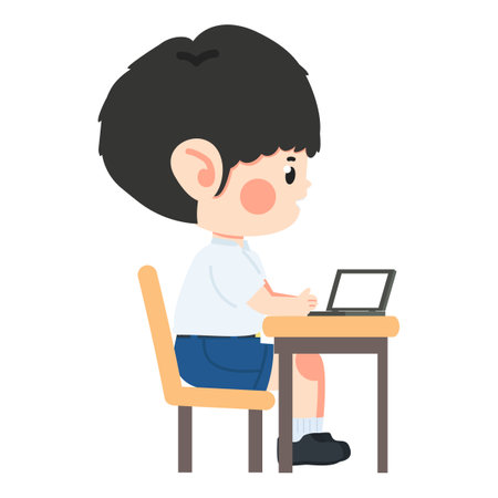 Kid boy students Using Laptop on table cartoonのイラスト素材
