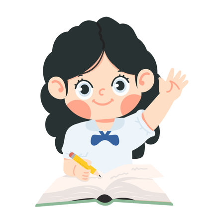 Kid girl raise hand to answer the question cartoonのイラスト素材