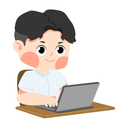 Boy student using computer cartoon flatのイラスト素材