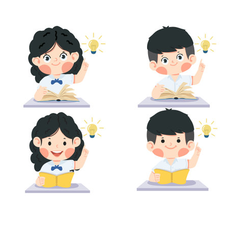 Kids boy student reading book with idea lamp set cartoonのイラスト素材