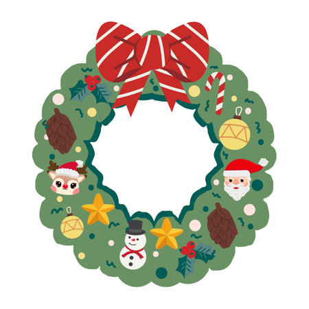 christmas wreath with a bow and decorations cartoonのイラスト素材