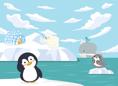 Arctic Wonderland with Animals cartoonのイラスト素材
