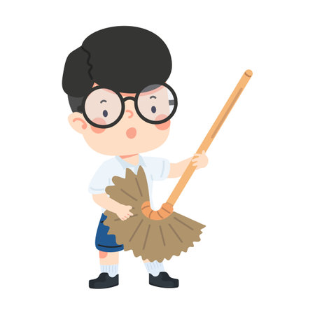 funny boy pretending to play guitar with a broom cartoonのイラスト素材