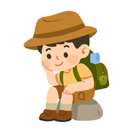 Boy Sitting on a Rock with Backpack cartoonのイラスト素材