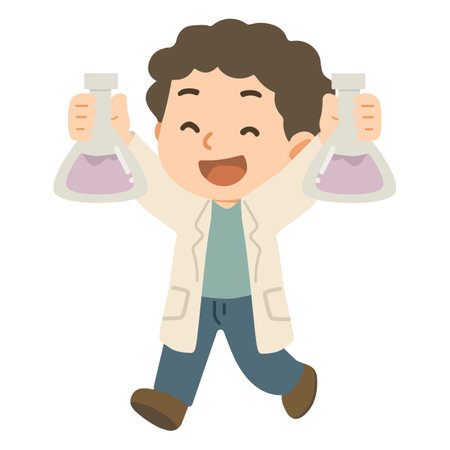 Joyful Cartoon Scientist Holding Flasks Illustrationのイラスト素材
