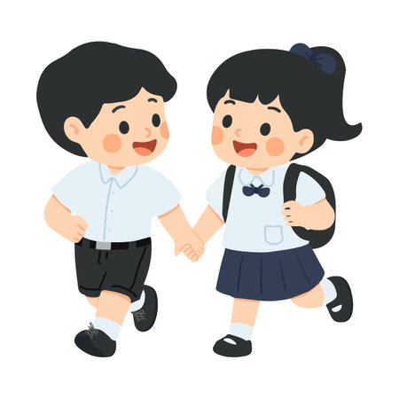 Illustration of School Children Holding Hands walking togetherのイラスト素材