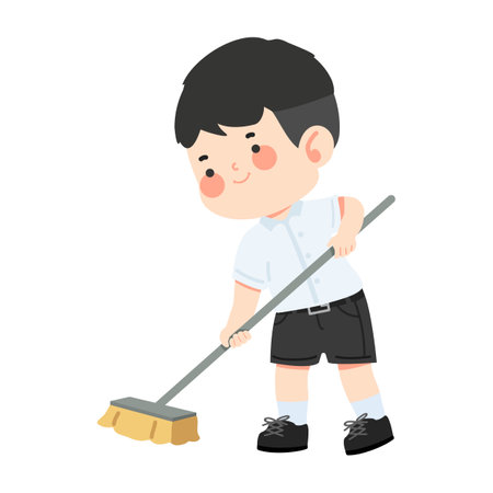 Cartoon Boy Sweeping Floor Illustration cleanのイラスト素材
