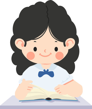 Cartoon Girl Reading a Book Illustration studentのイラスト素材