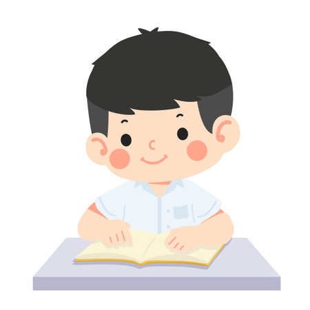 Cartoon Boy Reading Book at Desk studentのイラスト素材