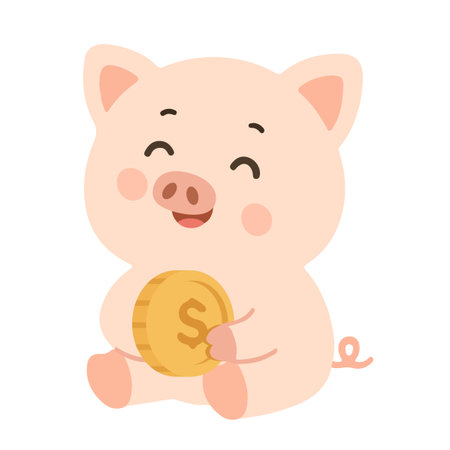 Cute Piggy Bank Holding a Gold Coinのイラスト素材