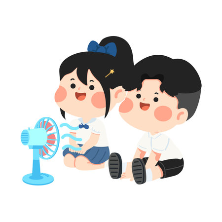 Kid Children Cooling off with Fanのイラスト素材