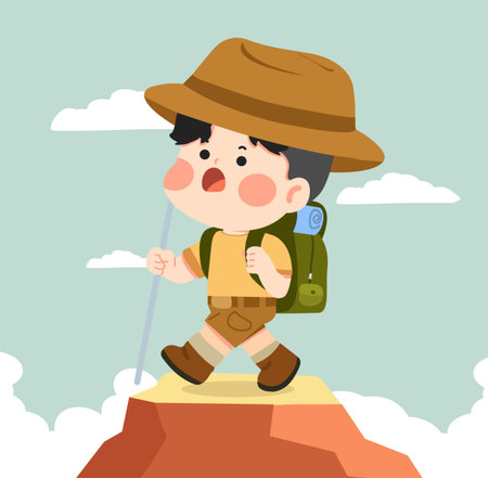 Cartoon Boy Hiking on Mountain Illustration flatのイラスト素材