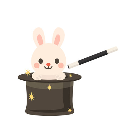 Cartoon Rabbit in Magic Hat Illustration flatのイラスト素材