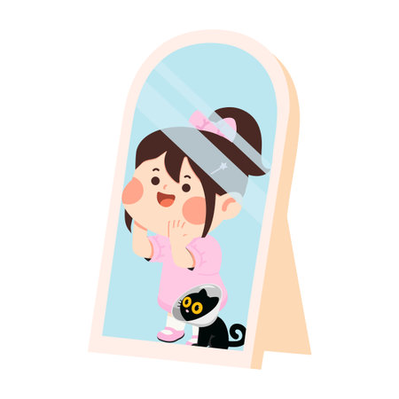 Illustration of Girl with Cat in Mirror flatのイラスト素材