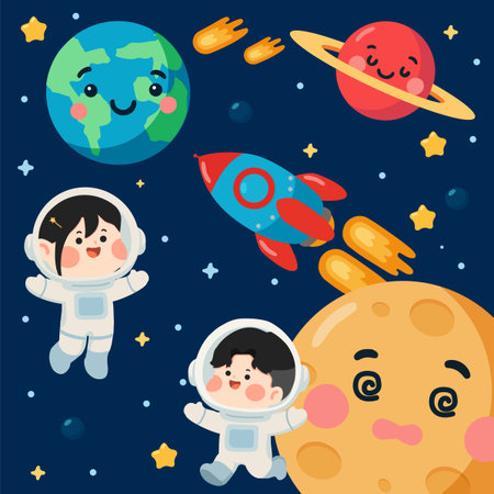Cartoon Astronauts with Planets and Rocket flatのイラスト素材