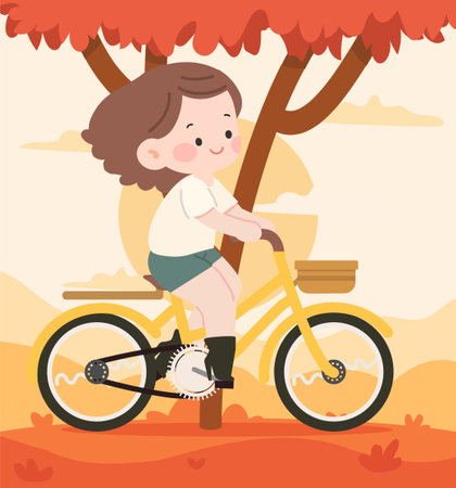Woman Riding a Bike in Autumn Illustration flatのイラスト素材