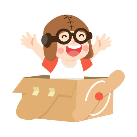 Cartoon Boy Playing in Cardboard Airplane Kidのイラスト素材