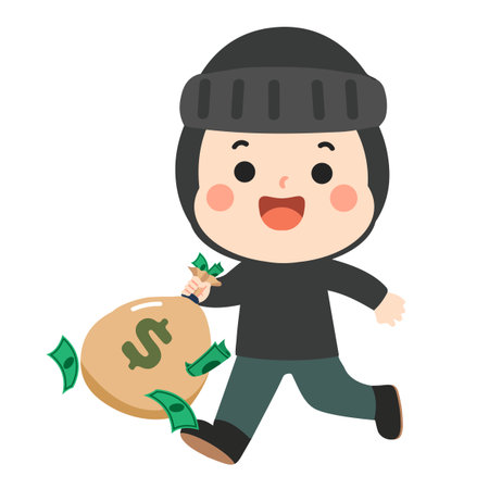 Cartoon Thief Running with Money Bag Illustration flatのイラスト素材