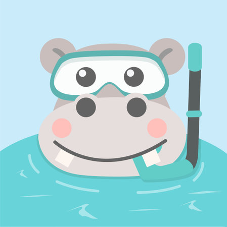 Cartoon hippo enjoying a snorkel swim in waterのイラスト素材