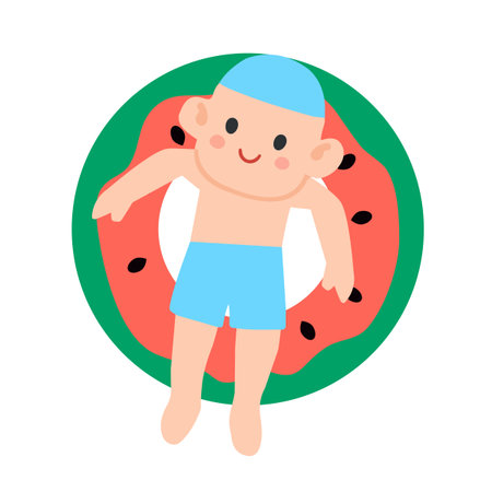 Illustration of Boy Floating on Watermelon Swim Ring kidのイラスト素材