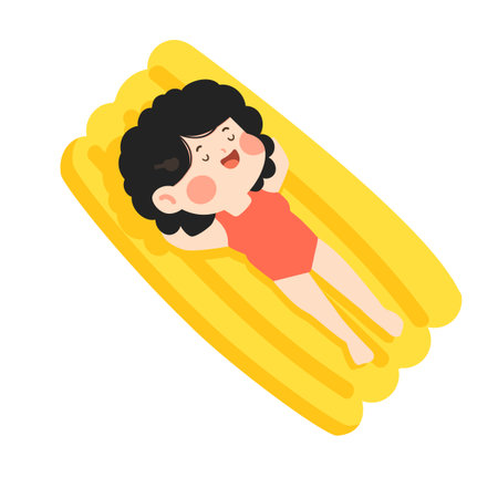 Cartoon Girl Relaxing on Inflatable Pool Float flatのイラスト素材