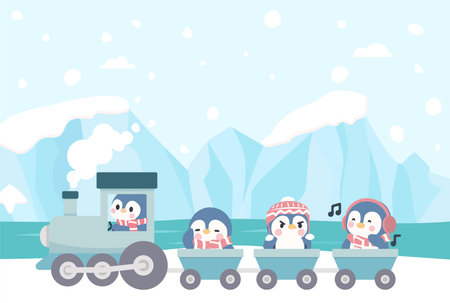 Cartoon Penguins Riding a Train in Winter animalのイラスト素材
