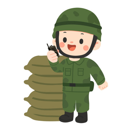 Soldier with Walkie Talkie Illustration and Sandbags cartoonのイラスト素材