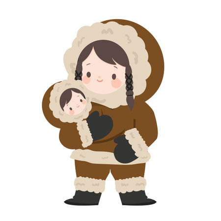 Cartoon Illustration of Inuit Mother and Child flatのイラスト素材
