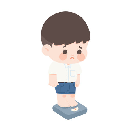 Cartoon of Sad Boy on Scale weight cartoonのイラスト素材