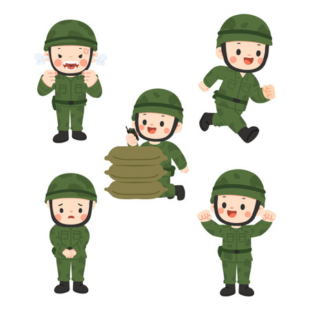 Cartoon Soldiers in Various Poses Illustration flatのイラスト素材
