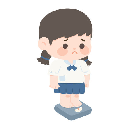 Illustration of Girl on Scale Feeling Sad weight cartoonのイラスト素材