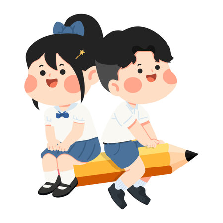 Cartoon Students Sitting on Pencil Illustration peopleのイラスト素材