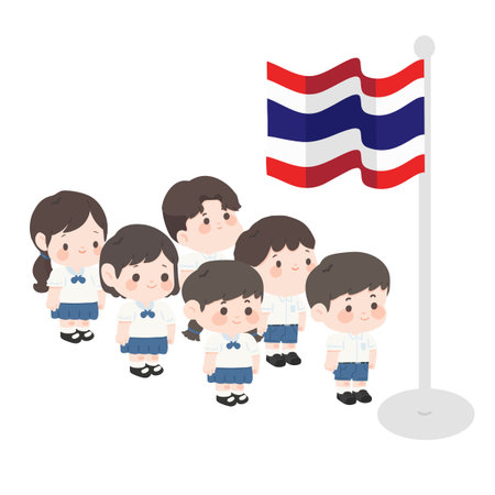 Cartoon Students with Thai Flag Illustration kidsのイラスト素材