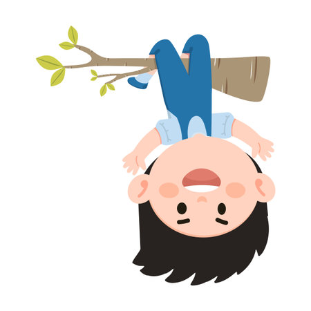 Kid Boy Hanging Upside Down From Tree Branchのイラスト素材